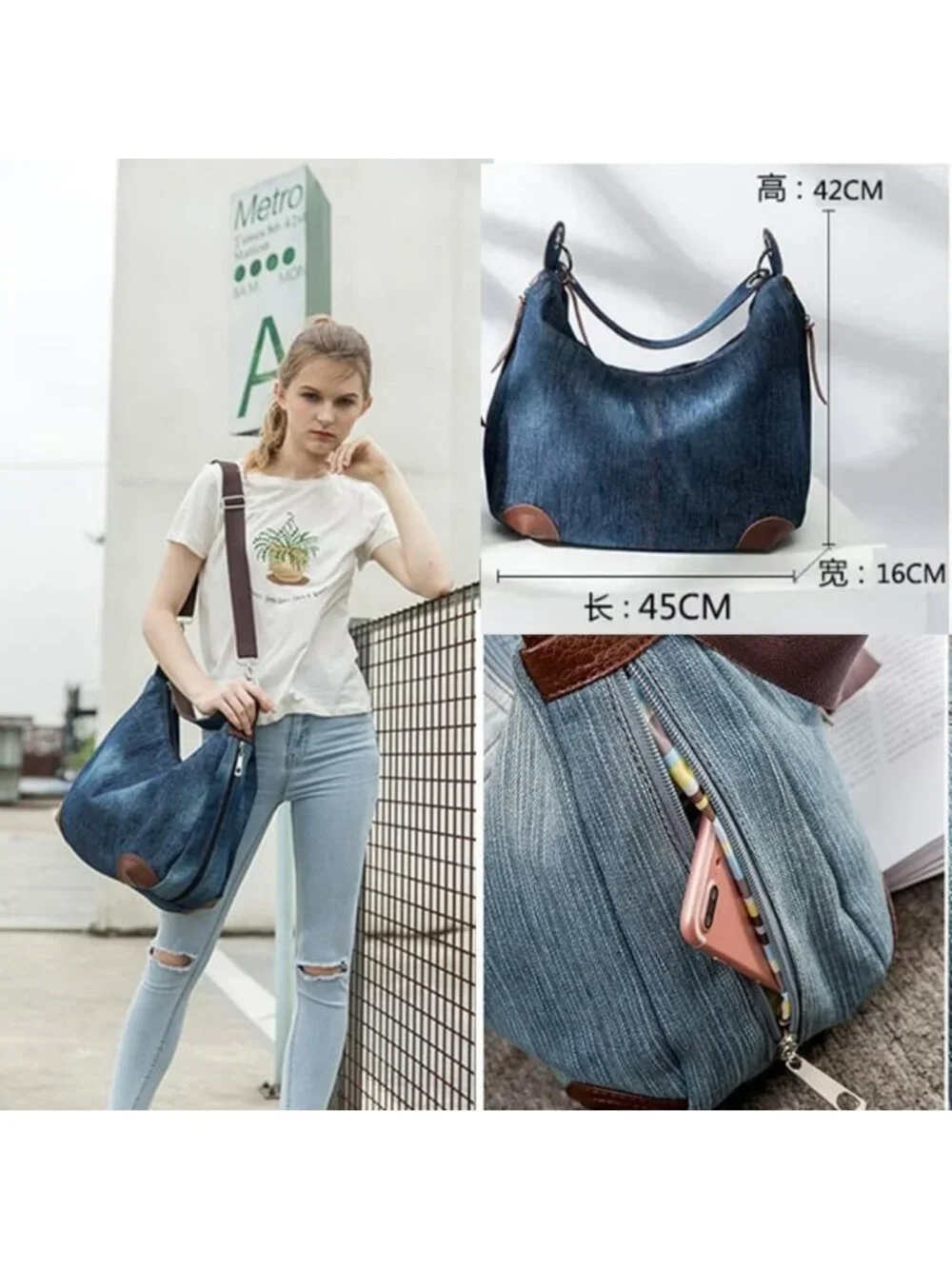 Stylish Multi-Pocket Denim Tote Bag for Women | Versatile Hobo Crossbody Bag